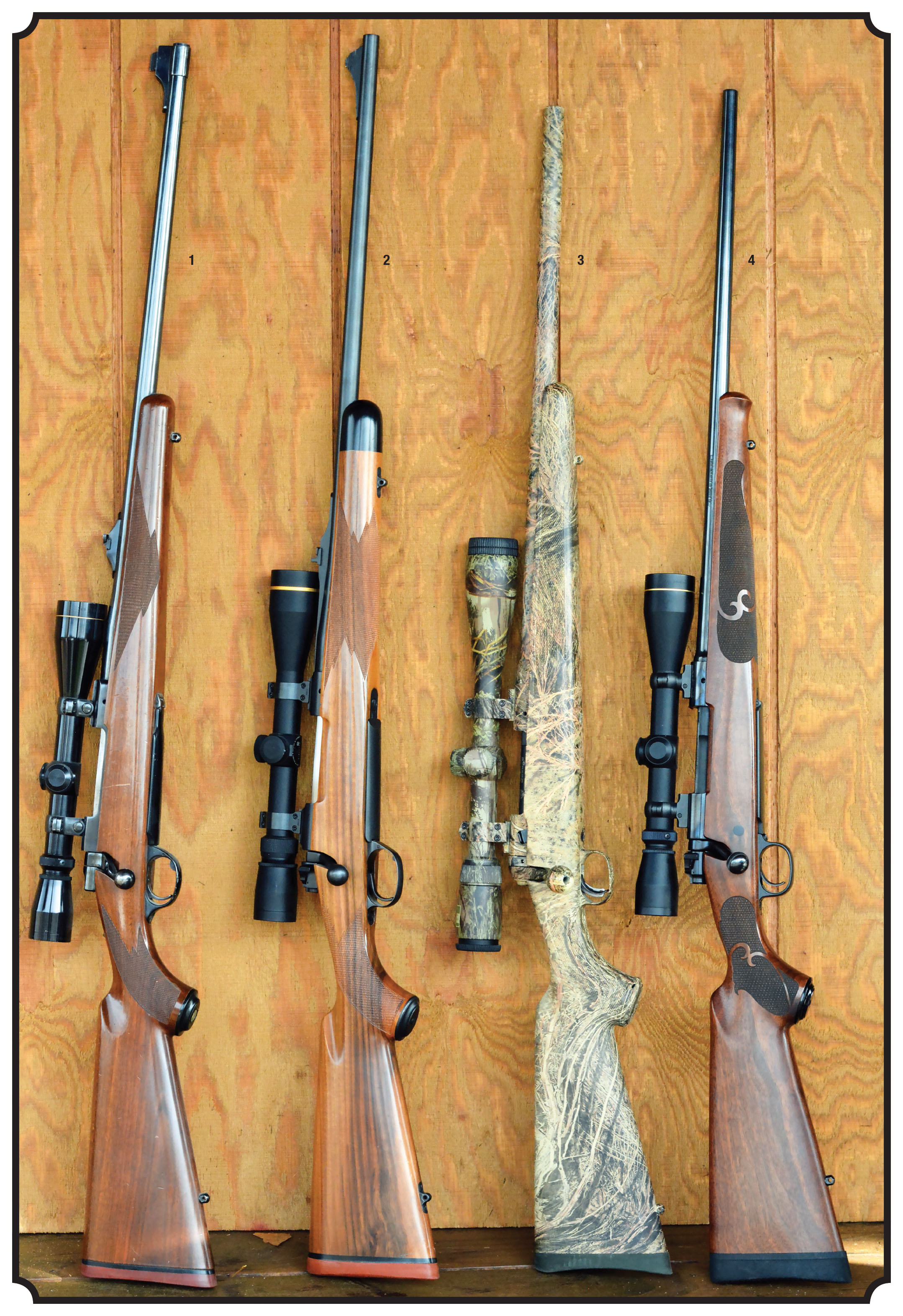 The popularity of classic stock designs remains high with modern shooters, with many reporting less felt recoil. Examples include: (1) Ruger M77, (2) Kimber of  Oregon BGR 89, (3) Savage Model 10 and (4) Winchester Model 70 Featherweight.
